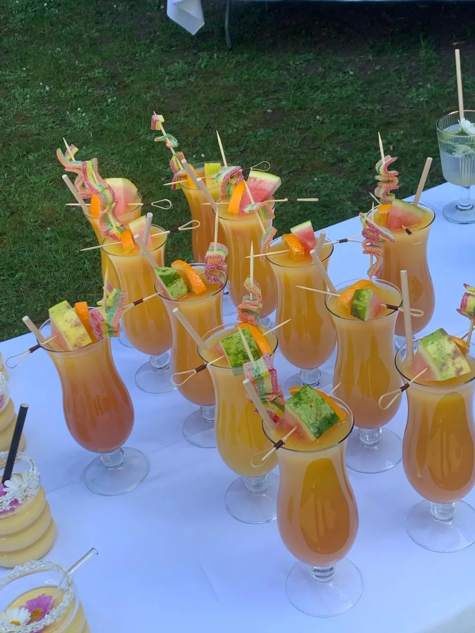 Verres de cocktail orangé servis avec des brochettes de fruits frais sur une table de jardin