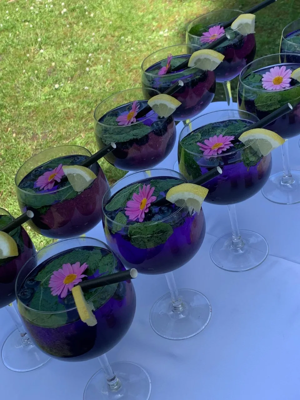 Grands verres ballon de sangria violette garnis de fleurs roses, de menthe et de citron